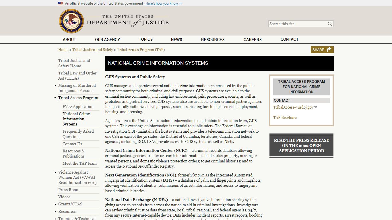 National Crime Information Systems | TRIBAL | Department of Justice